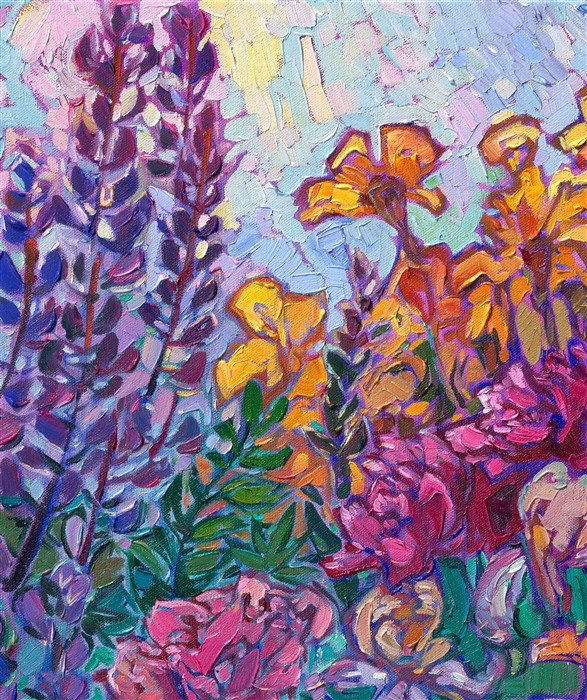 Layers of blooms come together in a tapestry of color and texture. Multi-hued irises, pink peonies, and purple lupin all celebrate the colors of spring. Erin's Open Impressionism technique brings the viewer into the painting, experiencing every brush stoke, every nuance of color and texture. Bring joyful color into your home with an Erin Hanson painting.
