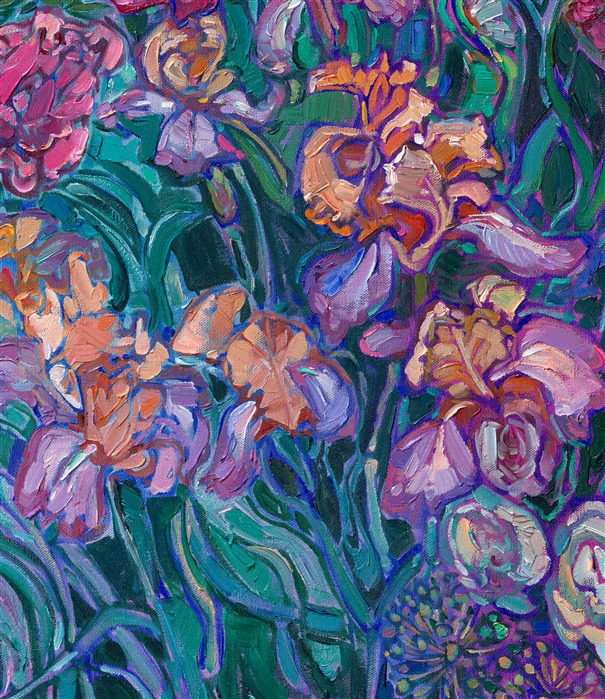 Layers of blooms come together in a tapestry of color and texture. Multi-hued irises, pink peonies, and purple lupin all celebrate the colors of spring. Erin's Open Impressionism technique brings the viewer into the painting, experiencing every brush stoke, every nuance of color and texture. Bring joyful color into your home with an Erin Hanson painting.
