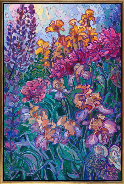 Layers of blooms come together in a tapestry of color and texture. Multi-hued irises, pink peonies, and purple lupin all celebrate the colors of spring. Erin's Open Impressionism technique brings the viewer into the painting, experiencing every brush stoke, every nuance of color and texture. Bring joyful color into your home with an Erin Hanson painting.