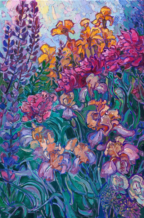 Layers of blooms come together in a tapestry of color and texture. Multi-hued irises, pink peonies, and purple lupin all celebrate the colors of spring. Erin's Open Impressionism technique brings the viewer into the painting, experiencing every brush stoke, every nuance of color and texture. Bring joyful color into your home with an Erin Hanson painting.