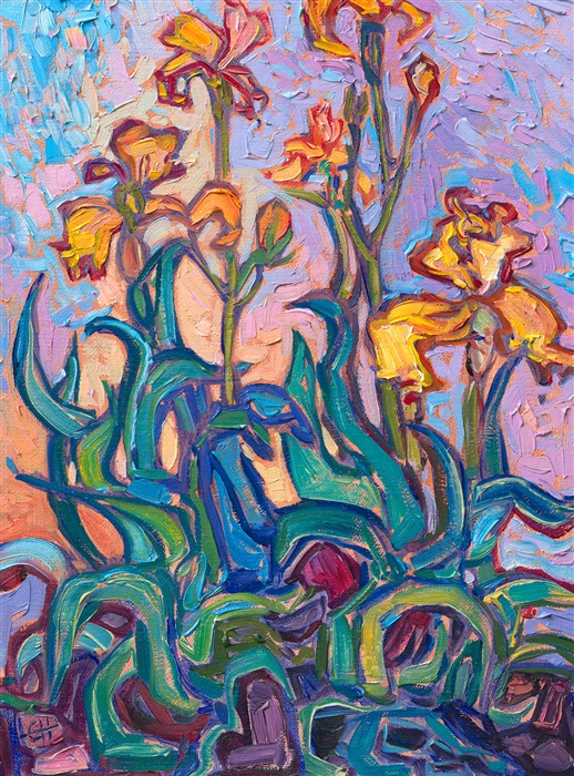 An impressionistic take on yellow irises, this painting captures the lively blooms with loose, expressive brushstrokes of impasto oil paint. </p><p>"Irises in Yellow" is an original oil painting on linen board, created in Hanson's signature Open Impressionism style.