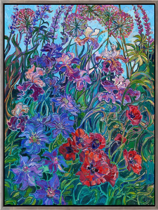 Multicolored irises from Schreidner Iris Garden in Oregon come alive on this canvas, forever captured at peak bloom. Layers of garden flowers add dimension and movement to the piece.