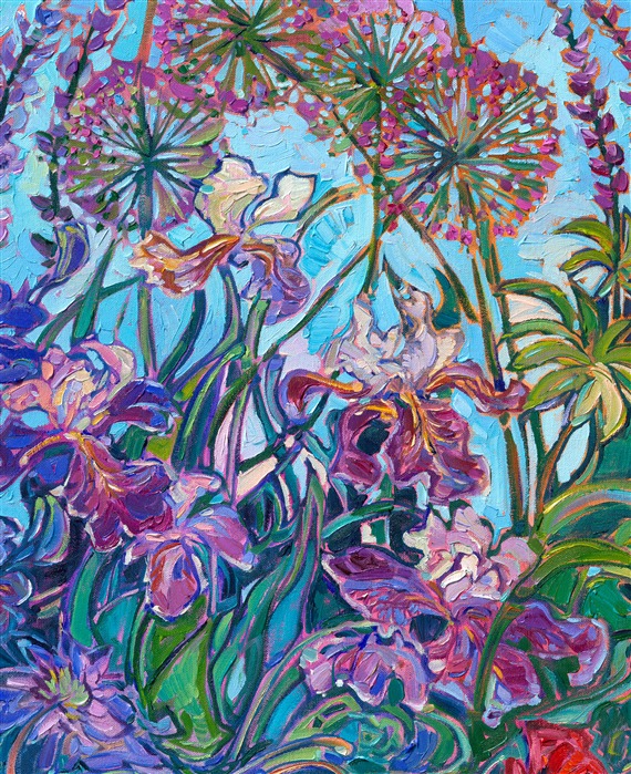 Multicolored irises from Schreiner Iris Garden in Oregon come alive on this canvas, forever captured at peak bloom. Layers of garden flowers add dimension and movement to the piece.
