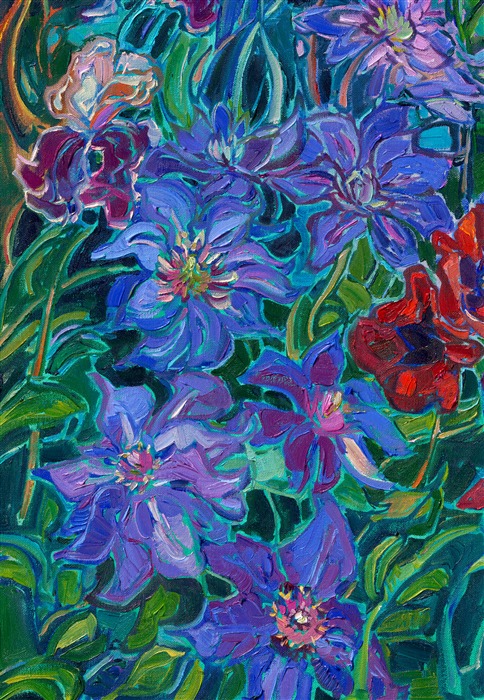 Multicolored irises from Schreiner Iris Garden in Oregon come alive on this canvas, forever captured at peak bloom. Layers of garden flowers add dimension and movement to the piece.