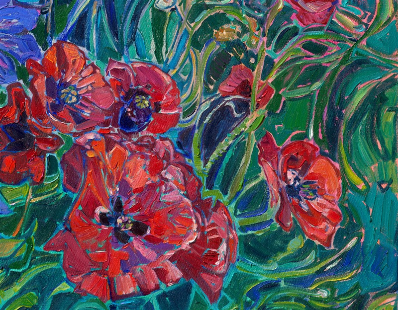 Multicolored irises from Schreiner Iris Garden in Oregon come alive on this canvas, forever captured at peak bloom. Layers of garden flowers add dimension and movement to the piece.