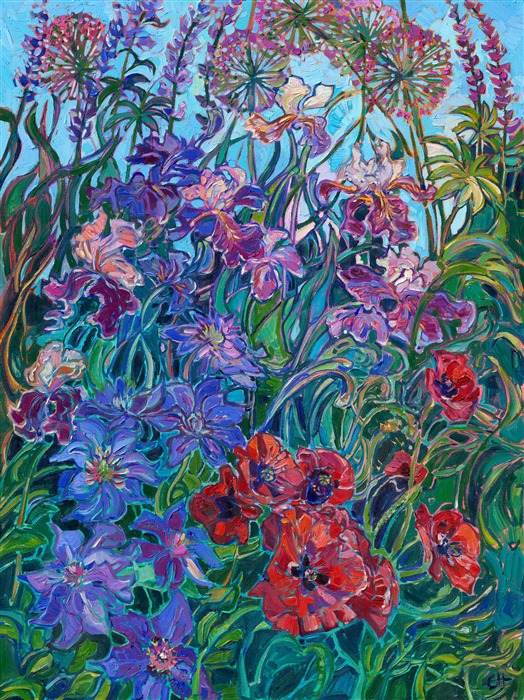 Multicolored irises from Schreidner Iris Garden in Oregon come alive on this canvas, forever captured at peak bloom. Layers of garden flowers add dimension and movement to the piece.
