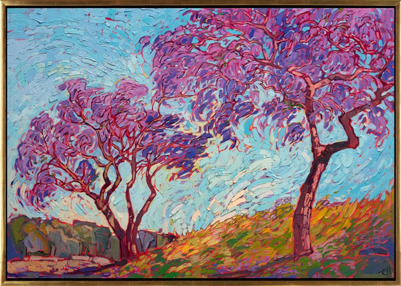 A pair of San Diego jacaranda trees bloom with vivacious color. The bright purple flower petals drift to the ground, creating a carpet of color on the grass. The thickly applied brush strokes of oil stand out from the canvas, adding dimension and movement to the painting.</p><p>"Jacaranda Petals" was created on 1-1/2" stretched canvas, with the painting continued around the edges. The piece arrives framed in a contemporary gold floater frame.