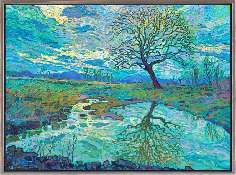 The Willamette Valley in Oregon gets flooded occasionally during the rainy season, but on the plus side, all the still bodies of water make for beautiful reflection paintings! This painting captures the beauty of January with lush, impressionistic brush strokes and expressive use of color.</p><p>"January Reflections" is an original oil painting created on stretched canvas. The piece arrives framed in a burnished silver floater frame, ready to hang.