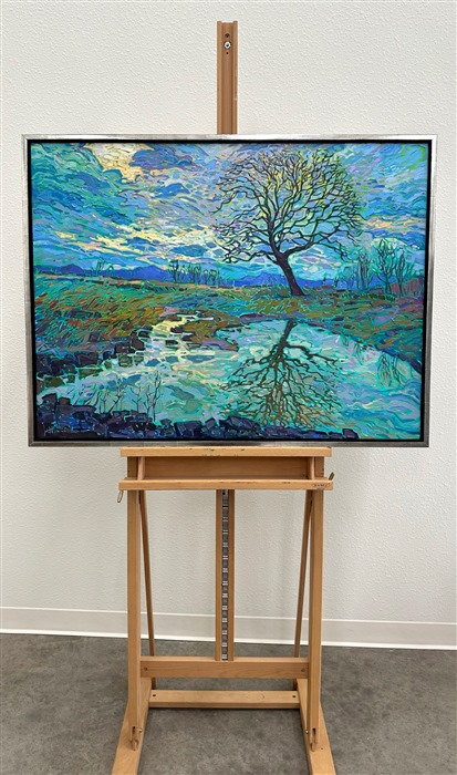 The Willamette Valley in Oregon gets flooded occasionally during the rainy season, but on the plus side, all the still bodies of water make for beautiful reflection paintings! This painting captures the beauty of January with lush, impressionistic brush strokes and expressive use of color.</p><p>"January Reflections" is an original oil painting created on stretched canvas. The piece arrives framed in a burnished silver floater frame, ready to hang.