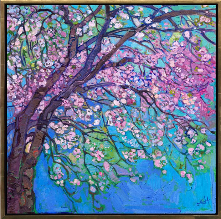 Kyoto, Japan, transforms into a city-wide cherry blossom celebration in late March/early April. This painting captures the transient colors of spring permanently with oil on canvas. Bring the beauty of spring into your home year-round with this painting.