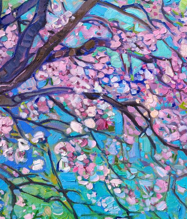 Kyoto, Japan, transforms into a city-wide cherry blossom celebration in late March/early April. This painting captures the transient colors of spring permanently with oil on canvas. Bring the beauty of spring into your home year-round with this painting.