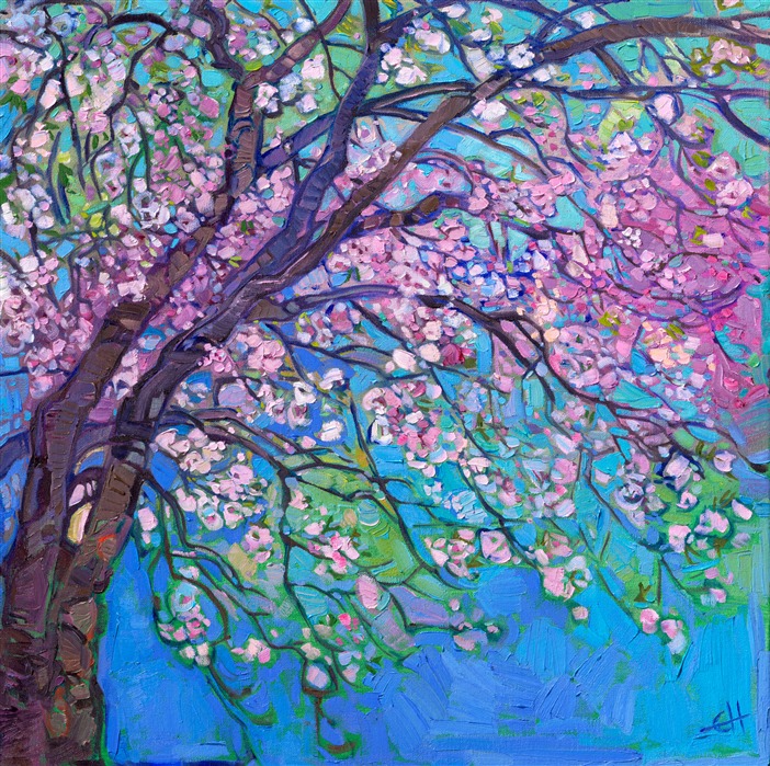 Kyoto, Japan, transforms into a city-wide cherry blossom celebration in late March/early April. This painting captures the transient colors of spring permanently with oil on canvas. Bring the beauty of spring into your home year-round with this painting.
