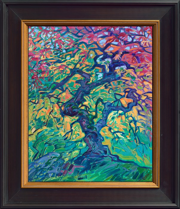 The famous maple tree in Portland's Japenese Gardens is probably the most photographed tree in all of the northwest. As a new northwesterner myself, I had to paint this beautiful tree. The green underpainting makes the yellows and reds of the foliage come alive.</p><p>"Japanese Garden" is an original oil painting created on linen board. The piece arrives framed in a plein air frame, ready to hang.