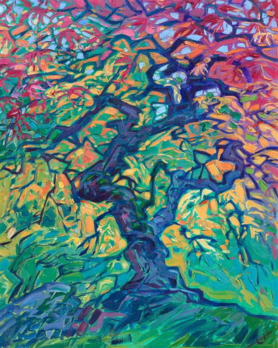 The famous maple tree in Portland's Japenese Gardens is probably the most photographed tree in all of the northwest. As a new northwesterner myself, I had to paint this beautiful tree. The green underpainting makes the yellows and reds of the foliage come alive.</p><p>"Japanese Garden" is an original oil painting created on linen board. The piece arrives framed in a plein air frame, ready to hang.