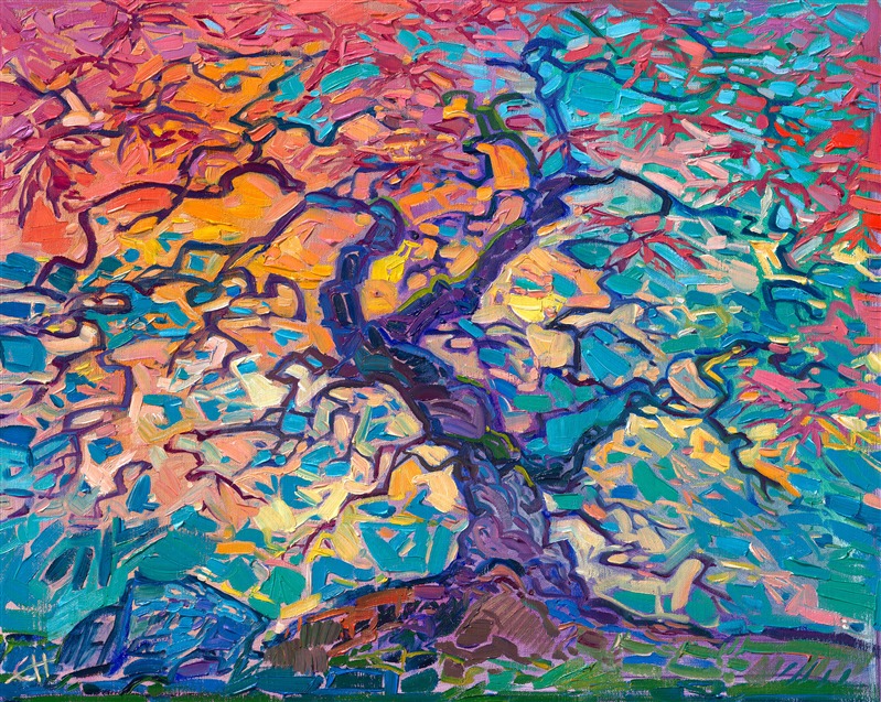 The Japanese maple tree in the Portland Japanese Garden is probably the most photographed tree in Oregon. The gnarled branches and delicate, filigree-like leaves are most beautiful at the peak of fall color, usually around the end of October. This painting captures the strident colors of this famous maple tree.

