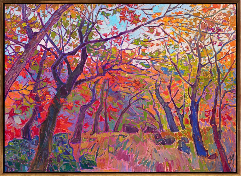 A collection of Japanese maple trees turns into a medley of rainbow autumn colors in October. The brush strokes are loose and impressionistic, creating a sense of movement throughout the painting.</p><p>"Japanese Maples" is an original oil painting created on gallery-depth canvas. The piece arrives framed in a contemporary gold floater frame, ready to hang.