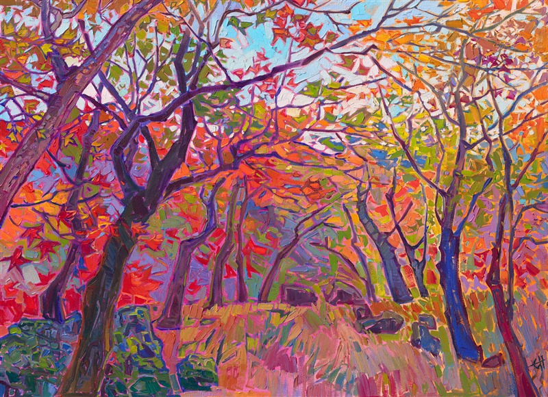 A collection of Japanese maple trees turns into a medley of rainbow autumn colors in October. The brush strokes are loose and impressionistic, creating a sense of movement throughout the painting.</p><p>"Japanese Maples" is an original oil painting created on gallery-depth canvas. The piece arrives framed in a contemporary gold floater frame, ready to hang.