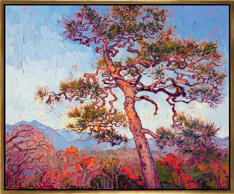 The tangled arms of a Japanese pine tree stands against a backdrop of Kyoto mountains and autumn trees. The impressionistic brush strokes capture the texture and movement of the ancient tree, bringing it to life on the canvas.</p><p>"Japanese Pine" was created on 1-1/2" canvas, with the painting continued around the edges. The painting arrives framed in a contemporary gold floater frame.