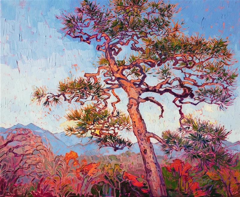 The tangled arms of a Japanese pine tree stands against a backdrop of Kyoto mountains and autumn trees. The impressionistic brush strokes capture the texture and movement of the ancient tree, bringing it to life on the canvas.</p><p>"Japanese Pine" was created on 1-1/2" canvas, with the painting continued around the edges. The painting arrives framed in a contemporary gold floater frame.