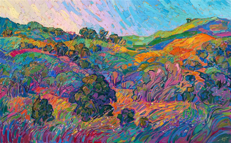 Rich hues of jeweled green are interlaced with pops of yellow and purple, creating a mosaic of color across the canvas. The painting captures the lush springtime hills of Paso Robles, California. 