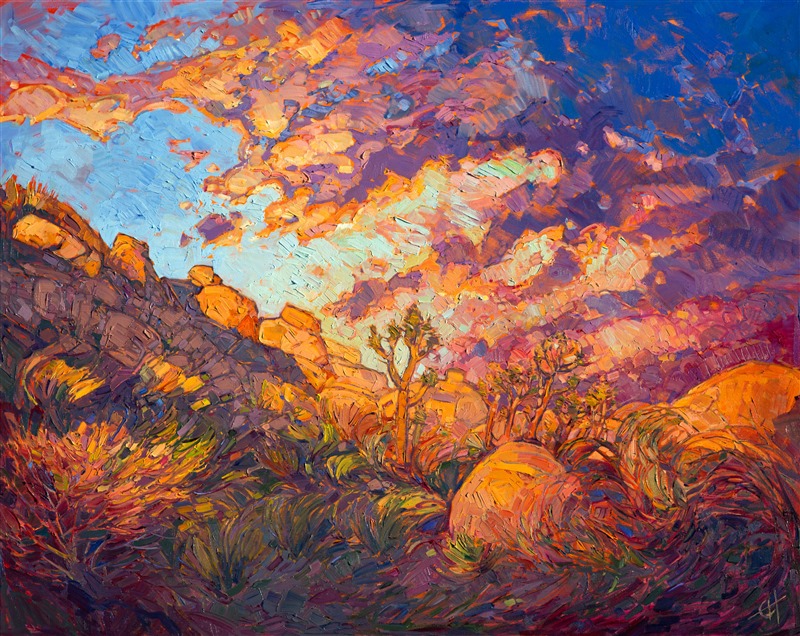 Joshua Tree National Park is hit with vibrant colors of sunset in this modern impressionist painting.  The white granite boulders are perfect reflectors of color.  Each brush stroke in this painting is filled with motion and life, forming a mosaic of light across the canvas.</p><p>This painting was created on a gallery-depth canvas with the painting continued around the edges. The painting arrives in a beautiful hardwood floater frame, ready to hang.