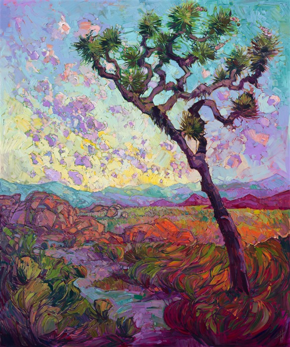 Colorful rhythms dance through this painting of Joshua Tree National Park.  The thickly applied brush strokes form a mosaic of texture and light across the canvas, while dramatic contrasts pull the eye along the waving desert scrub and into the distant plains.</p><p>This painting was created on gallery-depth canvas, with the painting continued around the sides.  It has been framed in a gold floater frame.