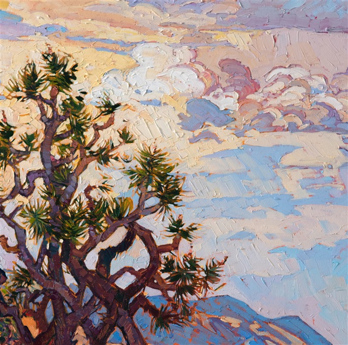 Joshua Tree National Park is a must-visit for anyone who loves the California desert. The joshua tree desert stretches as far as you can see in every direction, intermingled with rounded granite boulders forming unique shapes and cracks for climbers. This painting captures a summer afternoon fading into sunset.</p><p>"Joshua Clouds" was created on 1-1/2" canvas, with the painting continued around the edges. The piece has been framed in a custom-made, gold floater frame.
