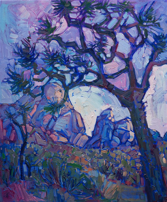 Dusky purples lay their cool shadows over Joshua Tree National Park, in this vibrant impressionist oil painting.  The abstract shapes of the Joshua Tree cut mosaics of color into the darkening sky.</p><p>This painting was created on 3/4"-deep canvas. It has been framed in a beautiful complementary plein air frame and arrives wired and ready to hang.