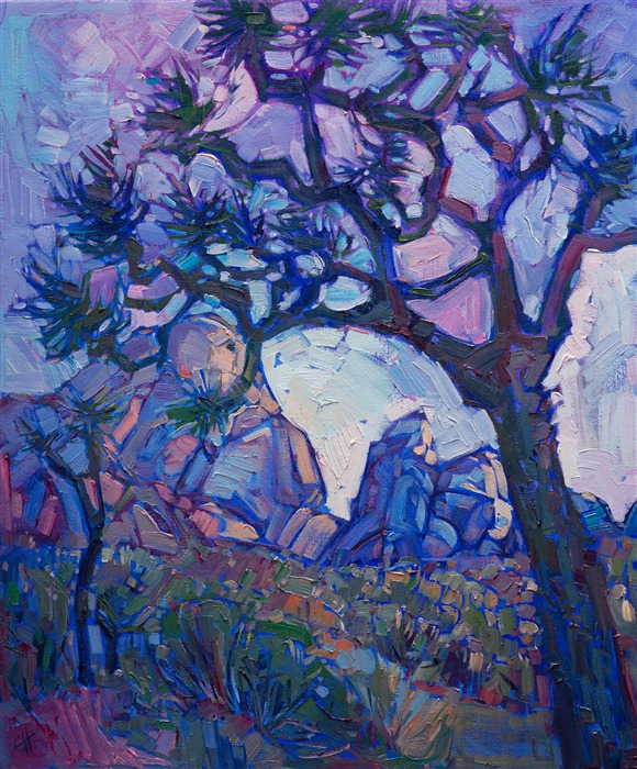 Dusky purples lay their cool shadows over Joshua Tree National Park, in this vibrant impressionist oil painting.  The abstract shapes of the Joshua Tree cut mosaics of color into the darkening sky.

This painting was created on 3/4"-deep canvas. It has been framed in a beautiful complementary plein air frame and arrives wired and ready to hang.