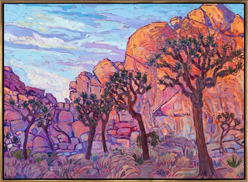 Joshua Tree National Park is most beautiful at sunrise and sundown, when the white granite boulders begin to glow with warm hues of apricot and buttercream, while the shadows turn shades of plum and eggplant (I must be hungry.) I have been to Joshua Tree many times since I was a child, hiking, camping, rock climbing, exploring... and when the boulders start change color, I just have to stop, enamored with the color all around me, and thank God I am a painter!</p><p>"Joshua Glow" is an original oil painting on stretched canvas. The piece arrives framed in a 23kt burnished gold frame, ready to hang.