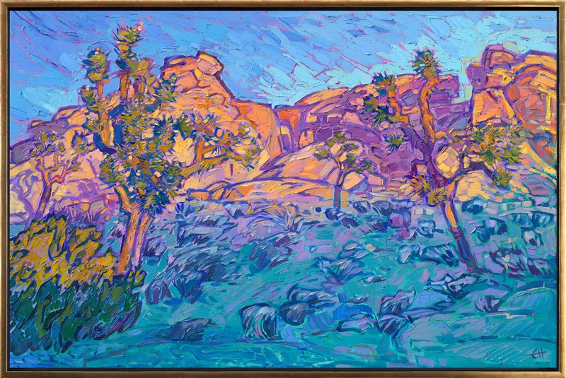 The windy, high desert of Joshua Tree National Park is most beautiful at dawn and sunset. The crystalline granite boulders reflect and refract the colorful light, turning rainbow hues of orange, yellow, purple, and blue. This painting captures the sunset glow highlighting a group of boulders and Joshua trees, while the foreground fades into twilight.</p><p>"Joshua Golds" is an original oil painting on stretched canvas. The piece arrives framed in a contemporary gold floater frame, ready to hang.