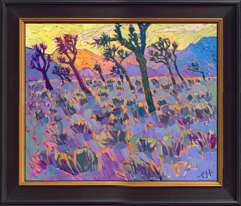 Joshua Tree National Park is most beautiful at sunrise and sunset, when the granite boulders and surrounding mountains are alive with rainbow hues of reflected color. This painting captures the unique desert Joshua Trees in stark contrast to the sunset light beyond.</p><p>"Joshua Hues" is an original oil painting done on linen board. The piece arrives framed in a custom-made plein air frame, ready to hang.