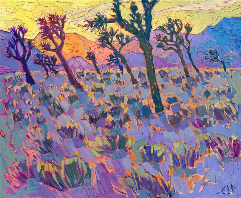 Joshua Tree National Park is most beautiful at sunrise and sunset, when the granite boulders and surrounding mountains are alive with rainbow hues of reflected color. This painting captures the unique desert Joshua Trees in stark contrast to the sunset light beyond.</p><p>"Joshua Hues" is an original oil painting done on linen board. The piece arrives framed in a custom-made plein air frame, ready to hang.
