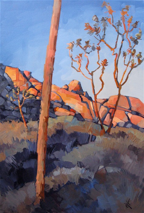 The California desert at Joshua Tree has a beautiful, delicate light, making the distant mountain glow and the granite rocks reflect a rainbow of colors from their sparkling white surface. The brush strokes in this painting are free and impressionistic, full of texture and movement.