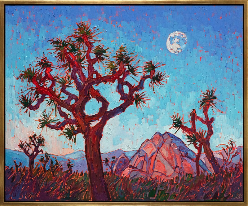 An almost full moon hangs above the desert landscape of Joshua Tree National Park. The painting captures the quiet peace of the dusky desert. The brush strokes in the painting are loose and impressionistic, alive with color.</p><p>"Joshua Moon II" was created on 1-1/2" canvas, with the painting continued around the edges. The piece has been framed in a gold floating frame.