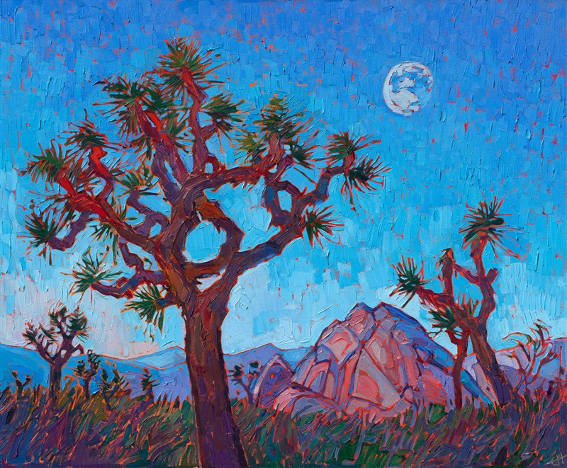 An almost full moon hangs above the desert landscape of Joshua Tree National Park. The painting captures the quiet peace of the dusky desert. The brush strokes in the painting are loose and impressionistic, alive with color.</p><p>"Joshua Moon II" was created on 1-1/2" canvas, with the painting continued around the edges. The piece has been framed in a gold floating frame.