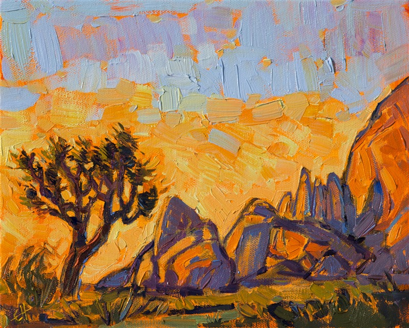 This petite oil painting captures Joshua Tree National Park in vibrant color and thick brush strokes. The warm colors in the sky are reflected in the unique shapes of the granite boulders, and the single Joshua Tree stands starkly against the cadmium sky.</p><p>This painting was done on 3/4"-deep stretched canvas. It has been framed in a hand-carved frame accented with 22kt gold leaf. Read more about the <a href="https://www.erinhanson.com/Blog?p=AboutErinHanson" target="_blank">painting's details here.</a>