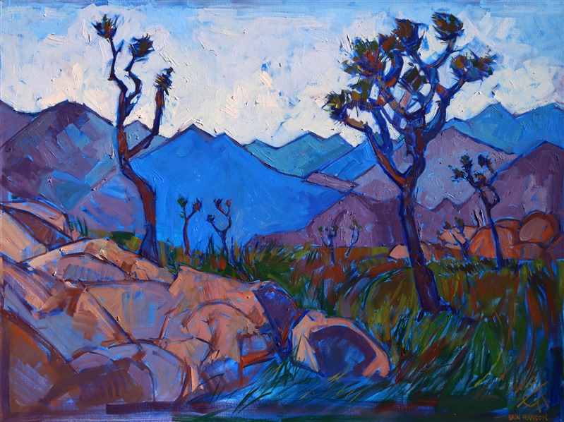 Joshua Tree National Park is depicted here in multi-faceted jewel tones of blue and purple. The brush strokes are loose and thickly applied, drawing the viewer into a mesmerizing field of texture and color.</p><p>This painting was created on a gallery-depth canvas with the painting continued around the edges. The painting will arrive in a beautiful hardwood floater frame, ready to hang.