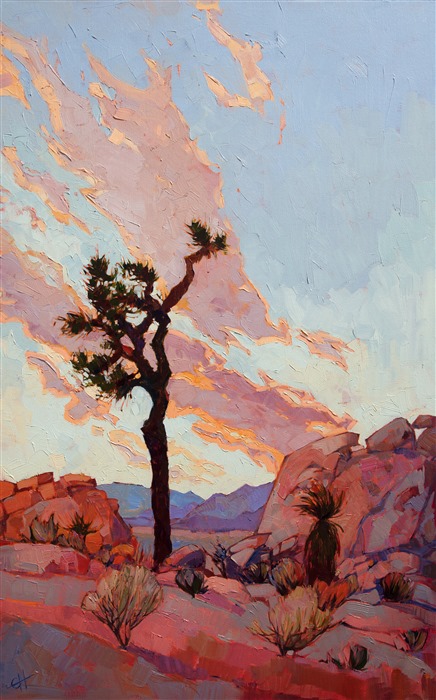 Joshua Tree National Park is most beautiful just before dawn, when the rounded granite boulders turn shades of lavender and pastel coral, getting ready to turn to fiery orange at the first ray of dawn. This painting captures that fleeting moment in time, just at the cusp of dawn.</p><p>This painting was done on 1-1/2" deep canvas, with the painting continued around the edges.  It can be hung framed or unframed.
