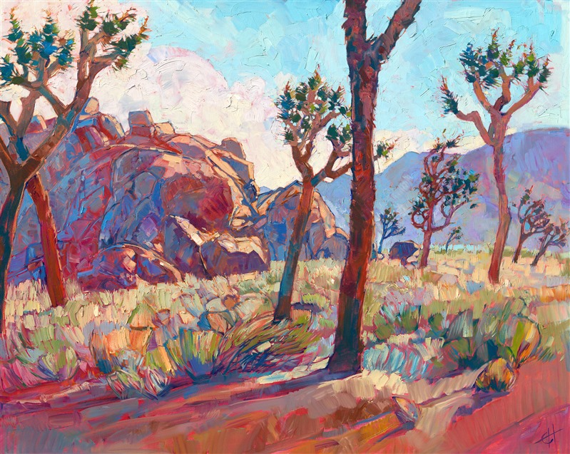 The California desert at Joshua Tree has a beautiful, delicate light, making the distant mountain glow and the granite rocks reflect a rainbow of colors from their sparkling white surface. The brush strokes in this painting are free and impressionistic, full of texture and movement.