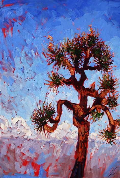 Loose, thickly applied oil paint strokes capture the striking form of a Joshua Tree cactus. This Joshua Tree in bloom is the color of fire in the sun.
