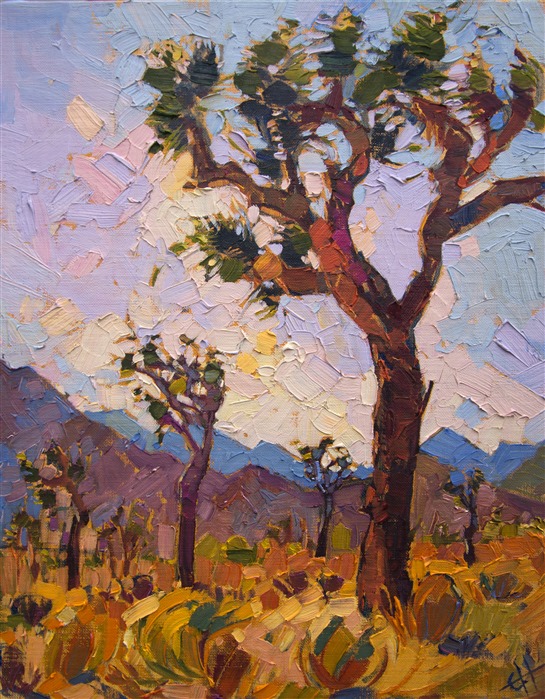 Joshua Tree National Park is painted in bold color and vivid brush strokes, in this small oil painting on board.