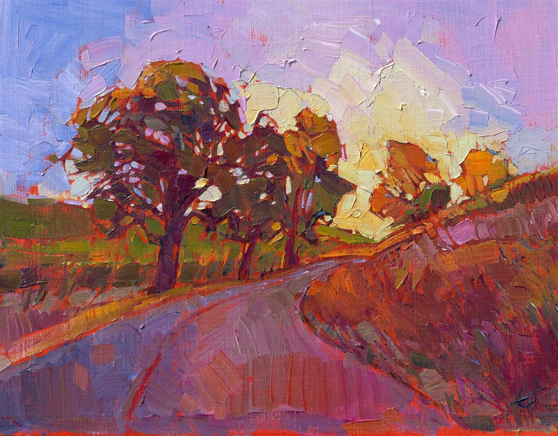 This painting invites you on a journey through the cultivated lands of Paso Robles' wine country.  The brush strokes are loose and expressive, creating a spontaneous mosaic of color and texture.