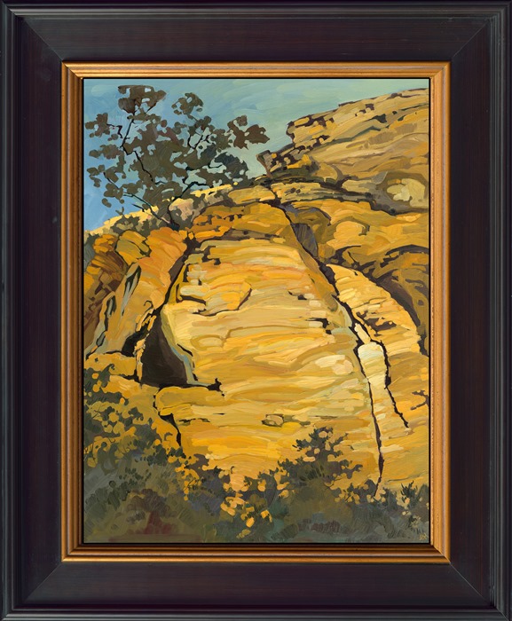 "Karate Crack" was one of the first paintings Erin Hanson ever painted in the style of Open Impressionism, painted while she was developing her style and rock climbing at Red Rock Canyon, Nevada. Her style of painting in distinct brushstrokes separated in mosaic-like shapes was developed in her attempt to capture the planes and dark cracks in the rock faces she loved to climb.</p><p>Erin's iconic style "Open Impressionism" is now taught in art schools worldwide, and her pieces hang in the permanent collections of many museums in the United States. This rare painting was made available for us to sell on consignment. </p><p>This is a painting of "Karate Crack", one of the first trad climbs Erin ever accomplished. The bright colors capture the feel of the multi-colored sandstone of Red Rock Canyon, Nevada. The painting was done on 3/4" stretched canvas, and the piece arrives framed in a new 3.5"-wide black and gold plein air frame.<br/>