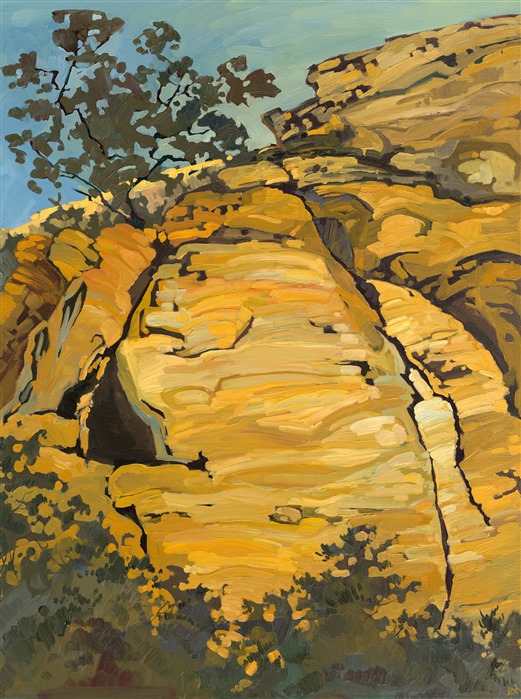 "Karate Crack" was one of the first paintings Erin Hanson ever painted in the style of Open Impressionism, painted while she was developing her style and rock climbing at Red Rock Canyon, Nevada. Her style of painting in distinct brushstrokes separated in mosaic-like shapes was developed in her attempt to capture the planes and dark cracks in the rock faces she loved to climb.</p><p>Erin's iconic style "Open Impressionism" is now taught in art schools worldwide, and her pieces hang in the permanent collections of many museums in the United States. This rare painting was made available for us to sell on consignment. </p><p>This is a painting of "Karate Crack", one of the first trad climbs Erin ever accomplished. The bright colors capture the feel of the multi-colored sandstone of Red Rock Canyon, Nevada. The painting was done on 3/4" stretched canvas, and the piece arrives framed in a new 3.5"-wide black and gold plein air frame.<br/>