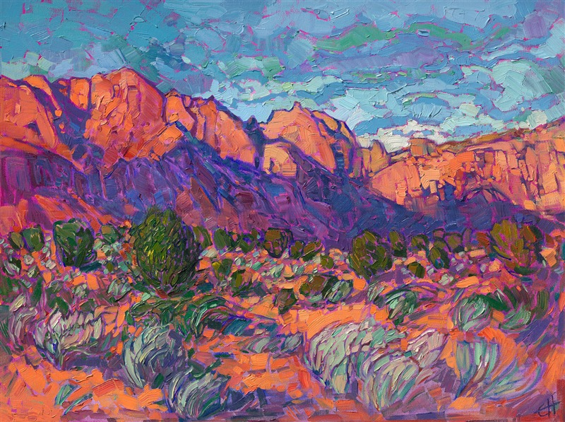 Kayenta, Utah, is a magical place with some of the richest reds and oranges I've ever seen.  I love how bright the pale green sagebrushes look against the rich color of the soil.  This painting captures all the life and movement that I love about Utah's high desert.</p><p>We are selling "Kayenta Sands" on consignment.