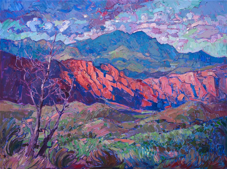 Kayenta is a stunning mountainside community near St. George, Utah.  The brilliant red rock cliffs are a striking contrast against the desert screen scrub and sagebrush. The dramatic clouds in this scene cast every-changing light across the variegated landscape below, and this sense of movement is captured in the energetic and textured brush strokes.</p><p>This painting was created on gallery-depth canvas, with the painting continued around the sides of the canvas.  