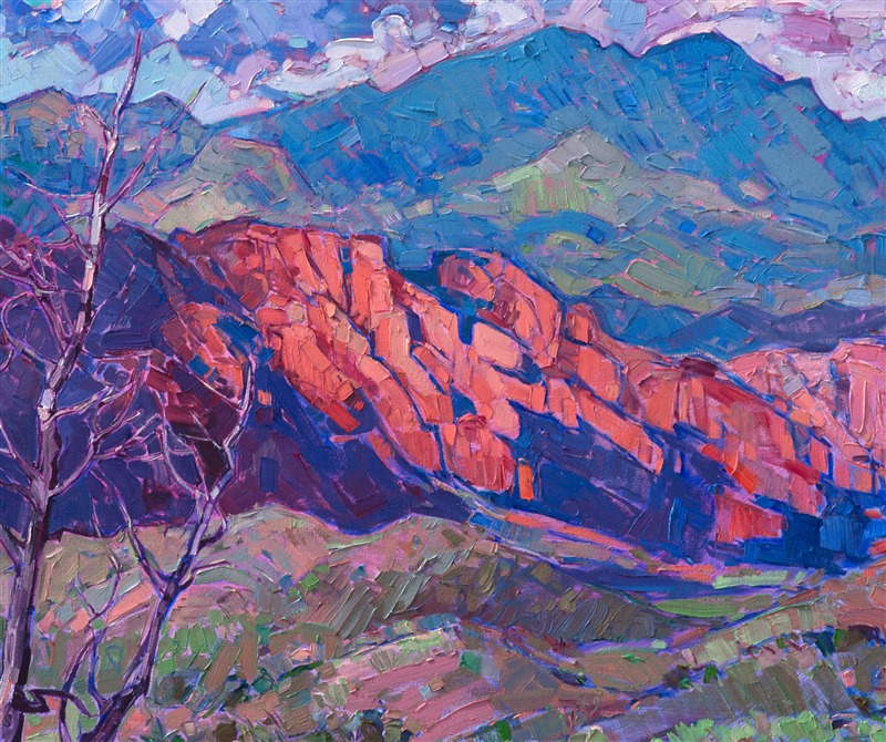 Kayenta is a stunning mountainside community near St. George, Utah.  The brilliant red rock cliffs are a striking contrast against the desert screen scrub and sagebrush. The dramatic clouds in this scene cast every-changing light across the variegated landscape below, and this sense of movement is captured in the energetic and textured brush strokes.</p><p>This painting was created on gallery-depth canvas, with the painting continued around the sides of the canvas.  