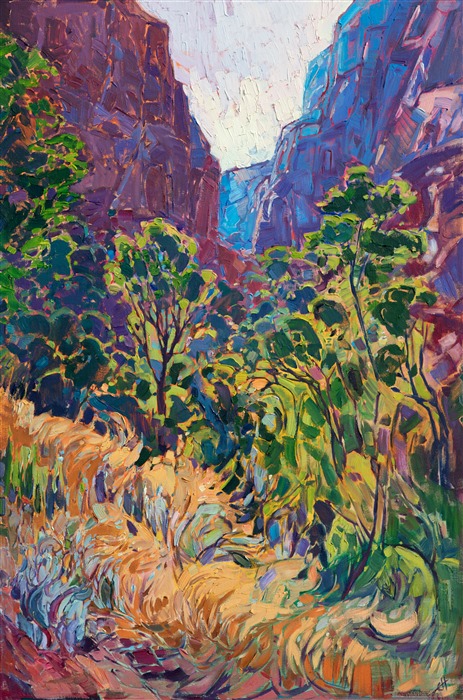 Kolob Canyon, the lesser visited entrance of Zion National Park, has stunning views of dramatic cliffs that catch the light in dramatic layers of color.  The brush strokes in this painting are thick and impressionistic, forming a mosaic of color and texture across the canvas. This canvas has been framed in a gold floater frame.</p><p>This painting was displayed at the Zion Art Museum (located in Zion National Park) during the summer of 2017, for the exhibition <i><a href="https://www.erinhanson.com/Event/ErinHansonZionMuseum" target="_blank">Impressions of Zion</a></i>. 