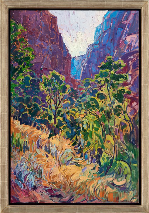 Kolob Canyon, the lesser visited entrance of Zion National Park, has stunning views of dramatic cliffs that catch the light in dramatic layers of color.  The brush strokes in this painting are thick and impressionistic, forming a mosaic of color and texture across the canvas. This canvas has been framed in a gold floater frame.</p><p>This painting was displayed at the Zion Art Museum (located in Zion National Park) during the summer of 2017, for the exhibition <i><a href="https://www.erinhanson.com/Event/ErinHansonZionMuseum" target="_blank">Impressions of Zion</a></i>. 